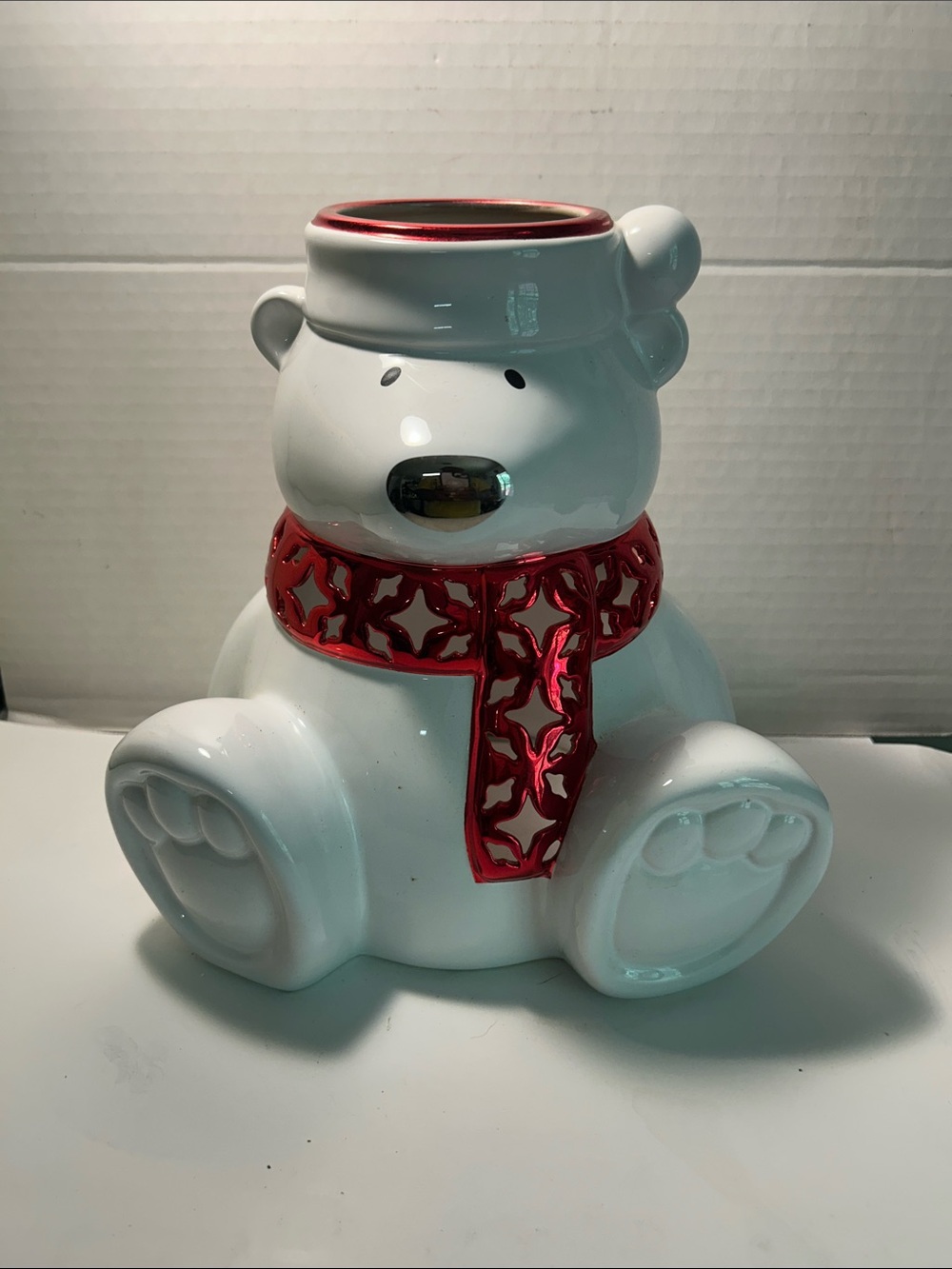 Holiday Ceramic Candle Holder with Red Scarf